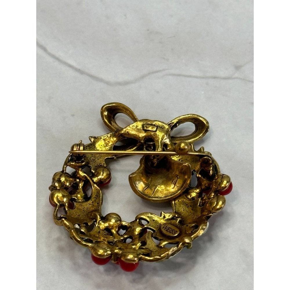 Vintage Weiss Enamel Wreath Golden Bell Christamas Brooch - Picture 4 of 7